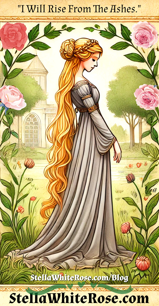 Ilustration of a young woman in a long Tudor style dress with her head bowed wearing a long plait in her golden hair standing in a rose garden with a medieval house in the background